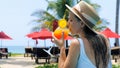 Young beautiful woman in swimming pool drinking refreshing summer cocktail on sunny day. Happy smiling female traveler Royalty Free Stock Photo