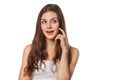 Young beautiful woman thinking looking to the side at blank copy space, isolated over white background