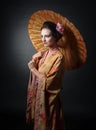 Young beautiful woman in traditional japanese kimono with umbrella. Royalty Free Stock Photo