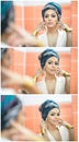 Young beautiful woman with turban and golden accessories looking into large mirror. Seductive lady with earrings posing, mirror Royalty Free Stock Photo