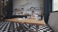 Young beautiful woman using cell phone and having a coffee or tea in the kitchen. Stock footage. Female texting on her Royalty Free Stock Photo