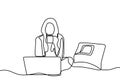 Young beautiful woman using laptop. Line drawing of girl with laptop and drinking a coffee continuous one hand drawn single line Royalty Free Stock Photo