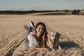 Young beautiful woman walking with her golden retriever dog on a yellow field at sunset. Nature and lifestyle outdoors Royalty Free Stock Photo