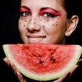 Young beautiful woman and watermelon portrait Royalty Free Stock Photo