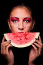 Young beautiful woman and watermelon portrait Royalty Free Stock Photo