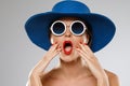 Beautiful woman wearing blue hat and sunglasses is ready for vacation Royalty Free Stock Photo