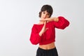 Young beautiful woman wearing red summer t-shirt standing over isolated white background Doing time out gesture with hands, Royalty Free Stock Photo