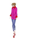 Young beautiful woman in winter clothes. Sale concept. Hand-drawn fashion illustration Royalty Free Stock Photo