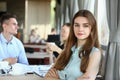 Beautiful woman have meeting with her subordinates in cafe Royalty Free Stock Photo