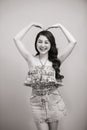 Young beautifull woman in summer dress black-white studio portrait