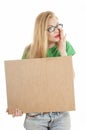 Young beauty girl holding empty wooden notice board and wearing