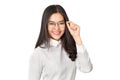 Young beauty healthy happy Asian woman wearing glasses with smiley face isolated on white Royalty Free Stock Photo