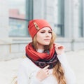 Young beauty outdoor portrait with autumn park in background hat. Royalty Free Stock Photo