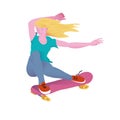 Young beautyful girl with golden hair on pink skateboard. The skateboarder does a trick. Flat vector illustration.