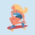 Young beautyful girl with golden hair on red skateboard. The skateboarder does a trick. Flat vector illustration. Royalty Free Stock Photo