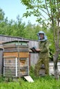 The young beekeeper with dymary on an apiary