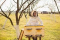 A young beekeeper girl is working with bees and beehives on the apiary, on spring day Royalty Free Stock Photo
