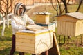 A young beekeeper girl is working with bees and inspecting bee hive after winter