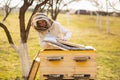 A young beekeeper girl is working with bees and inspecting bee hive after winter
