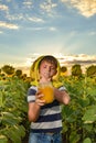 A young beekeeper holds a jar of honey in his hands in a sunflower field