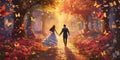 A young beloved couple are running through a magical park. love, wedding, Valentine& x27;s day. Royalty Free Stock Photo