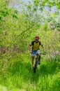 Young bicyclist wearing a helmet, riding through the forest, a b Royalty Free Stock Photo