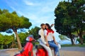 Young biker couple on the country road against the sky Royalty Free Stock Photo