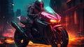 Young Biker on Futuristic Motorcycle in Night Cityscape. Neon urban future