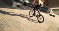 Young biker performing rail stunt at urban skate park. Rider racing on bmx. Royalty Free Stock Photo