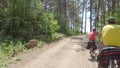 Two cyclists drive out of the forest to the seashore.