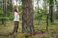 Young biologist touching a tree in the forest studying the ecosystem Royalty Free Stock Photo