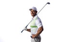 Young biracial man poses confidently with a golf club with copy space Royalty Free Stock Photo