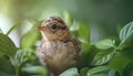 Young bird hatching in nature, surrounded by fresh green leaves