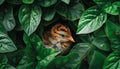 Young bird hatching in nature, surrounded by fresh green leaves