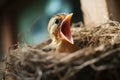 Young bird in nest with open mouth waiting to be fed