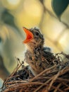 Young bird in nest with open mouth waiting to be fed