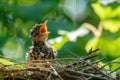 Young bird in nest with open mouth waiting to be fed