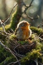 Adorable Baby Robin in Nest, Sunlit Mossy Branches Royalty Free Stock Photo
