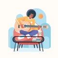 A young black afro musician playing his guitar and singing, sitting on the couch and desk with coffee in front of him vector Royalty Free Stock Photo