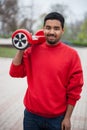 Young black boy with electric mini segway hover board scooter Royalty Free Stock Photo