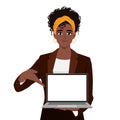 Young black businesswoman showing a blank screen laptop and pointing finger Royalty Free Stock Photo