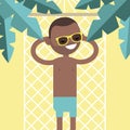 Young black character lying in a hammock under the palm trees. T