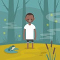 Young black character stuck in the swamp / flat editable vector