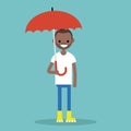 Young black character with umbrella wearing yellow rubber boots