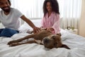 Young black couple caressing dog on bed at home