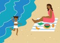 Young black family have picnic on the tropical beach vector Royalty Free Stock Photo