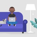 Young black freelancer working at home / flat editable vector il