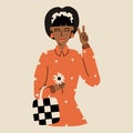 A young black girl is dressed in a 60s restaurant style with a camomile in her hand and shows a peace gesture. Vector illustration Royalty Free Stock Photo