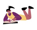 Young black haired girl lying and enjoying reading book vector illustration Royalty Free Stock Photo