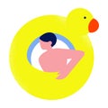 Black-haired man resting on the yellow floating rubber ring in the form of a duck. Vector illustration in cartoon style.